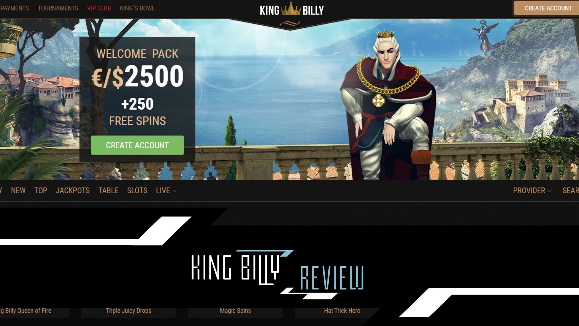 Interface of King Billy Casino showing game lobby and login area